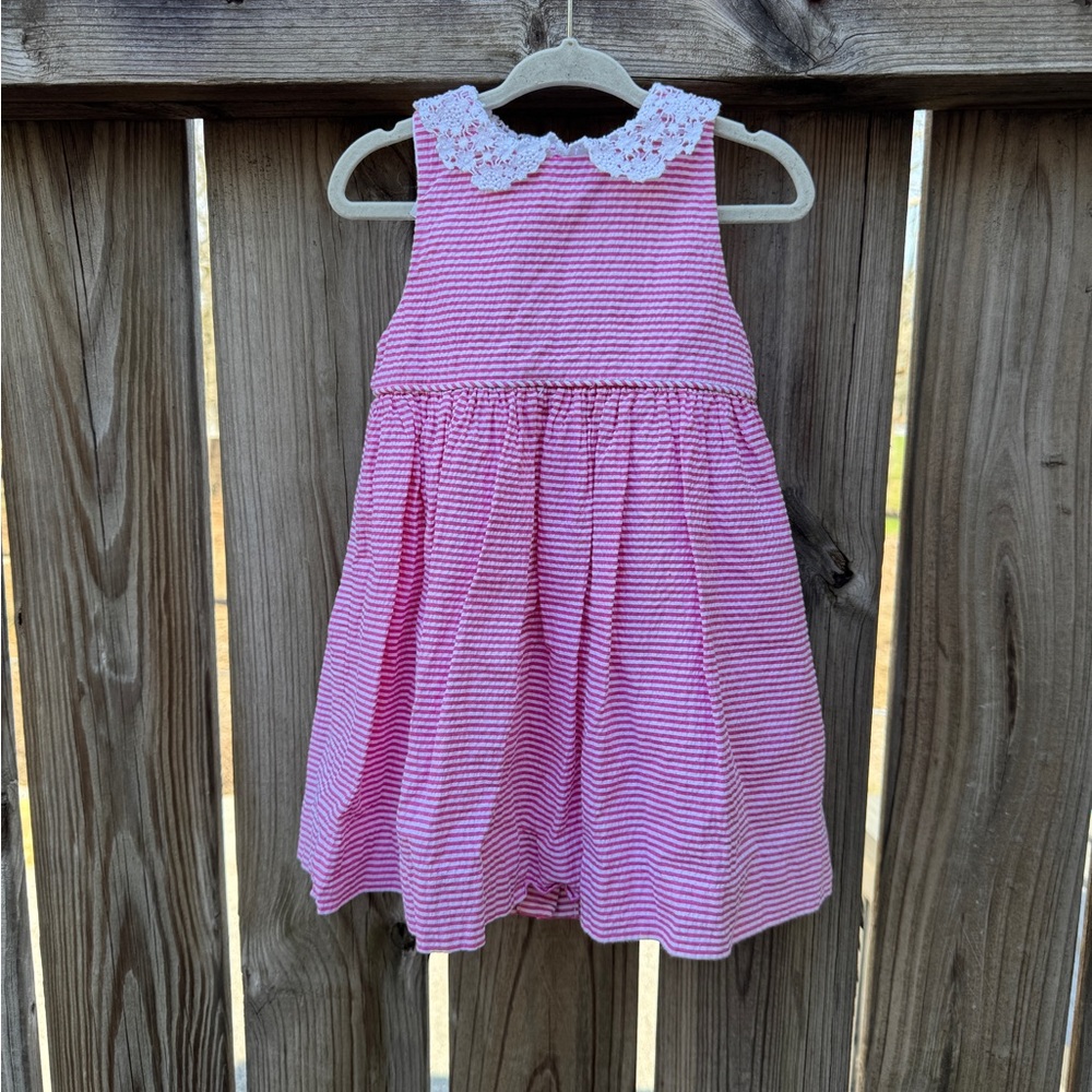 Ralph Lauren Pink White Seersucker Sleeveless Dress with Lace Collar